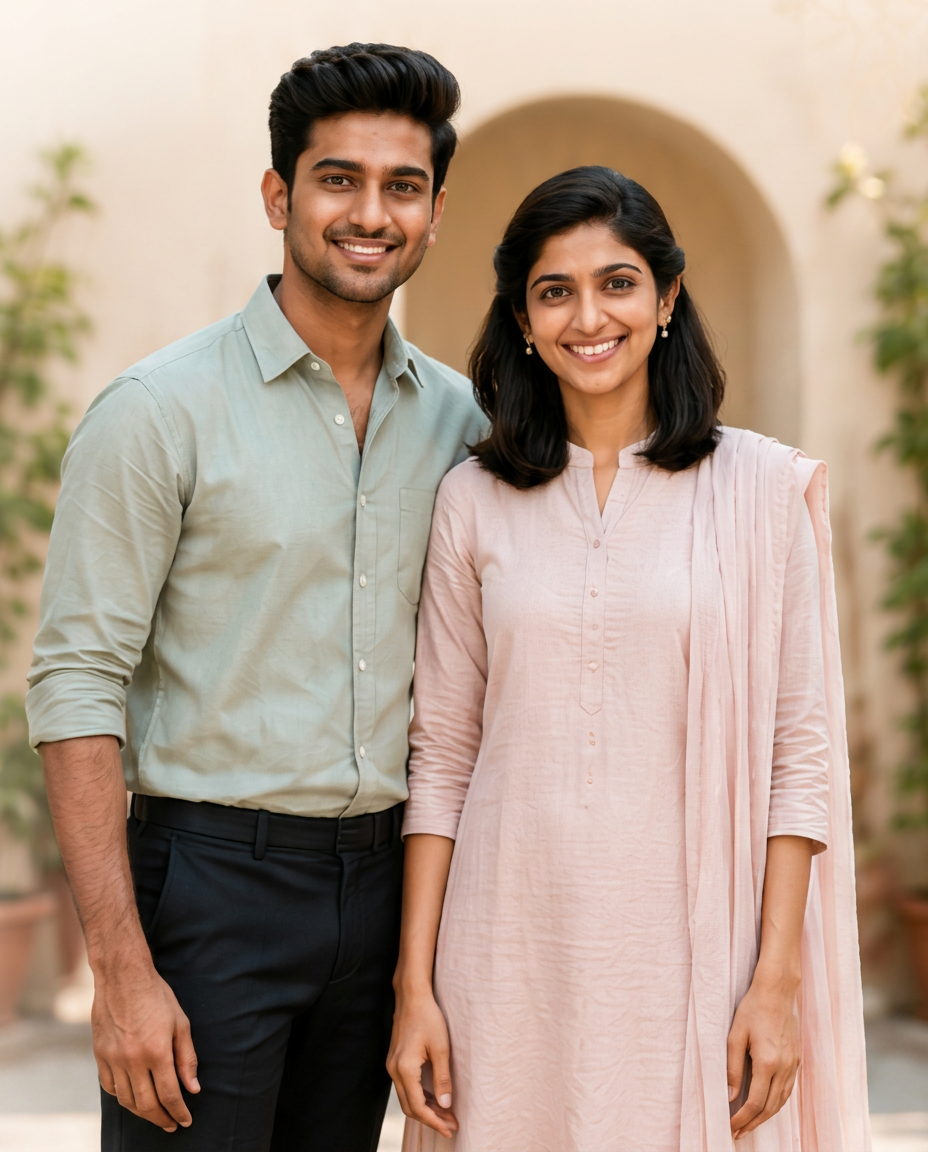 A newly matched couple standing together at the entrance of their family home
